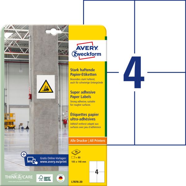 AVERY ZWECKFORM Etiketten Universal 105x148mm L7876-20 weiss, stark haftend 20 Blatt