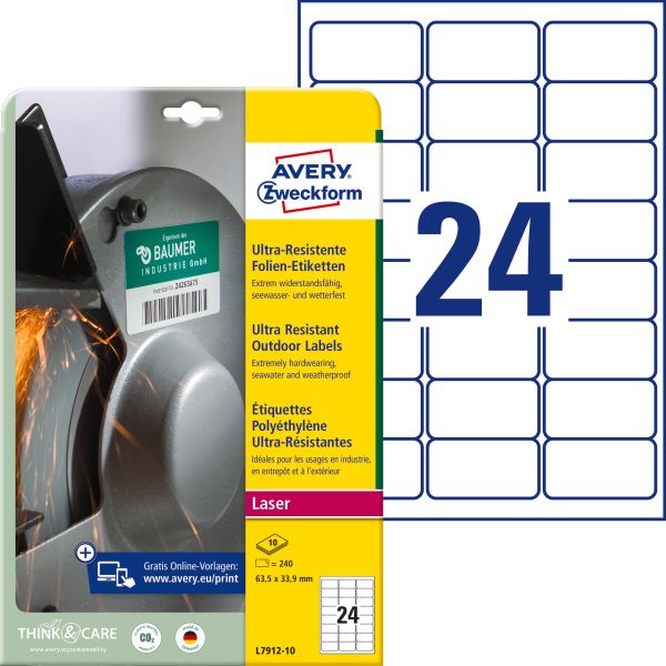 AVERY ZWECKFORM Etiketten 63,5x33,9mm L7912-10 weiss ultra-resistant