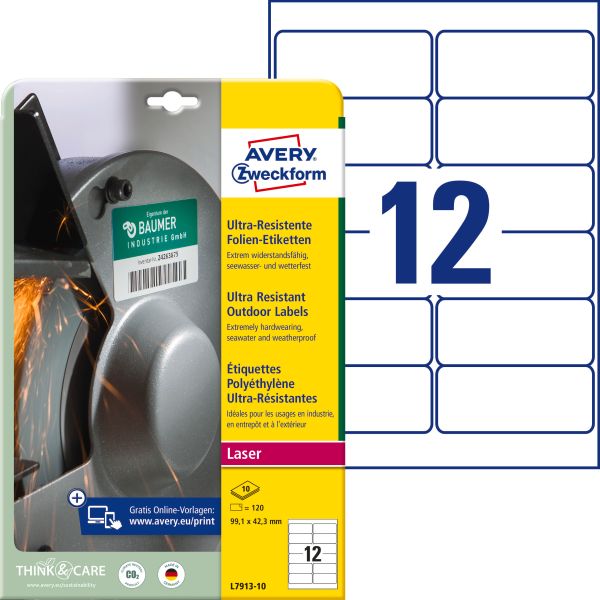 AVERY ZWECKFORM Etiketten 99,1x42,3mm L7913-10 weiss,ultra-resistent 10 Blatt