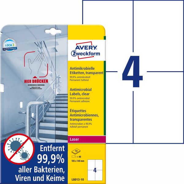 AVERY ZWECKFORM Etiketten L8013-10 Antimic. 105x148mm transp.