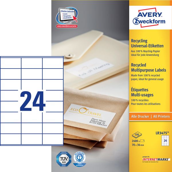 AVERY ZWECKFORM Etiketten 70x36mm LR3475 recycling 2400 Stück