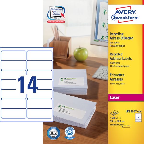 AVERY ZWECKFORM Adressetiketten 99,1x38,1mm LR7163100 recycling 1400 Stück