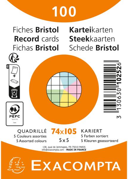 BIELLA Karteikarten kariert A7 10252E farbig assortiert 100 Stück