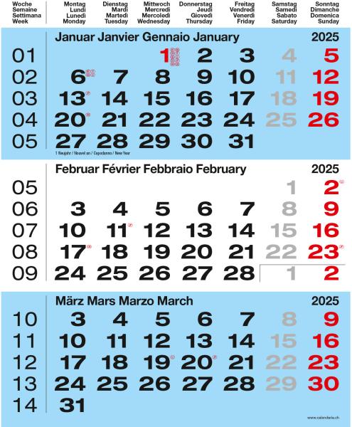 CALENDARIA 3-Monats-Wandkalender 2025 783036204581 blau 31x40cm