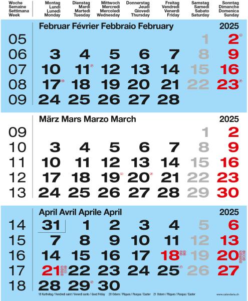 CALENDARIA 3-Monats-Wandkalender 2025 783036204581 blau 31x40cm