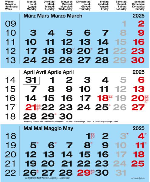 CALENDARIA 3-Monats-Wandkalender 2025 783036204581 blau 31x40cm