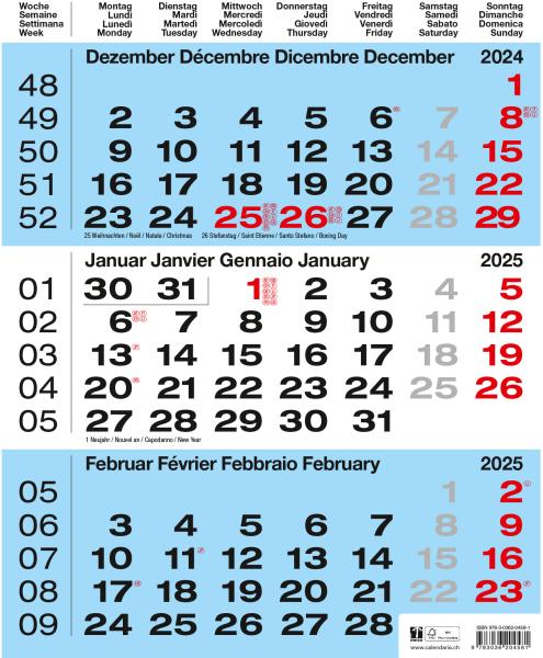 CALENDARIA 3-Monats-Wandkalender 2025 783036204581 blau 31x40cm