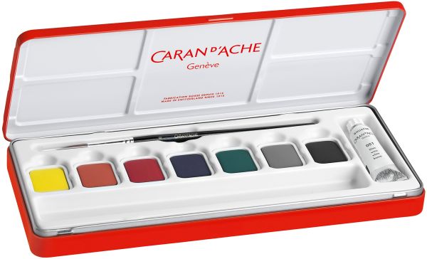 CARAN D'ACHE Deckfarbe Gouache 1000.308 7 Farben Deckweiss, Pinsel