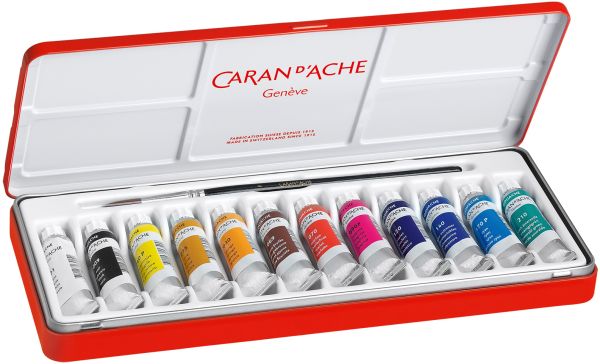 CARAN D'ACHE Deckfarbe Gouache 2001.312 12 Tuben Metallbox, Pinsel