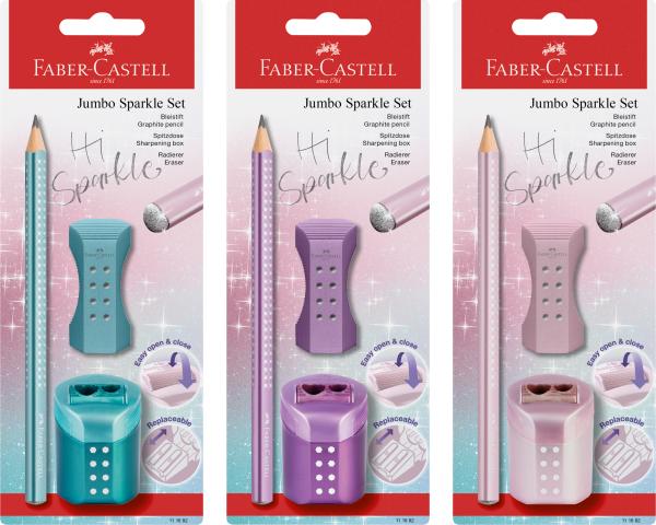 FABER-CASTELL Bleistift B/Radierer/Spitzer 111682 Jumbo Sparkle Set sortiert