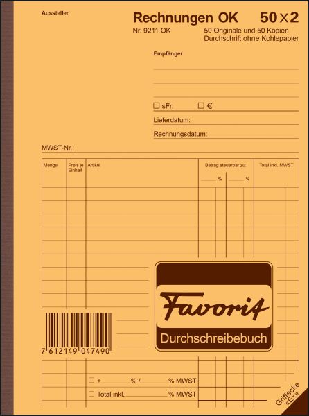 FAVORIT Formularbuch Rechnungen A5 9211 OK Durchschreibepapier 50x2 Blatt