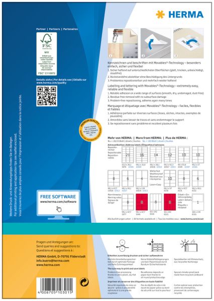 HERMA Etiketten SPECIAL 63.5x38.1mm 10301 weiss,non-perm. 2100St./100Bl.