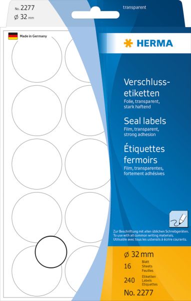 HERMA Verschlussetiketten 32mm 2277 transparent 240 St./16 Blatt