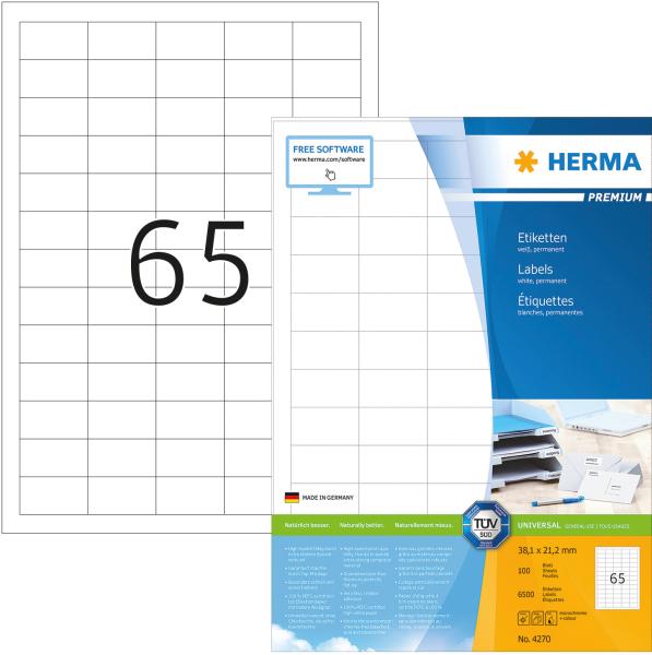 HERMA Universal-Etikett. 38,1x21,2mm 4270 weiss 6500 St./100 Blatt