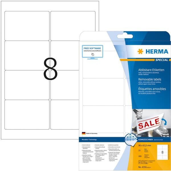 Herma etiketten movables 96,0x63,5mm 4350 weiss,non-perm. 200 st./25 bl. - Herma-4350-4008705043502