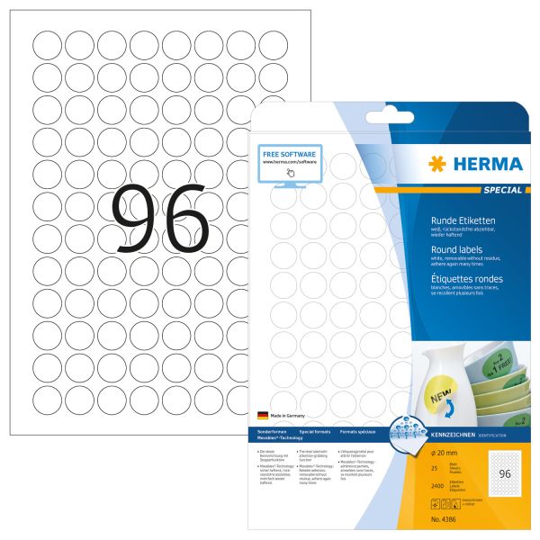 HERMA Etiketten Movables 20mm 4386 weiss, non perm. 2400 Stück