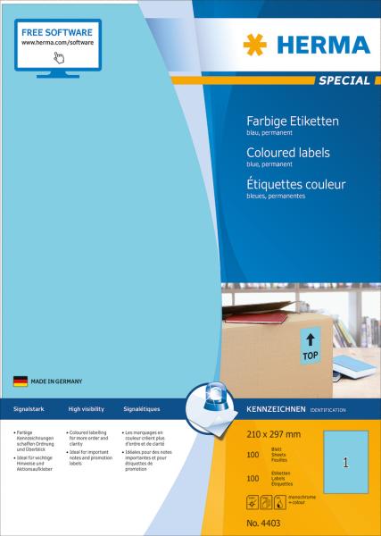 HERMA Etiketten SPECIAL 210x297mm 4403 blau,perm. 100 St./100 Bl.