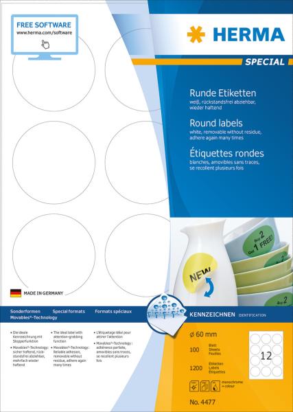 HERMA Etiketten SPECIAL 60x60mm 4477 weiss,non-perm. 1200St./100Bl.