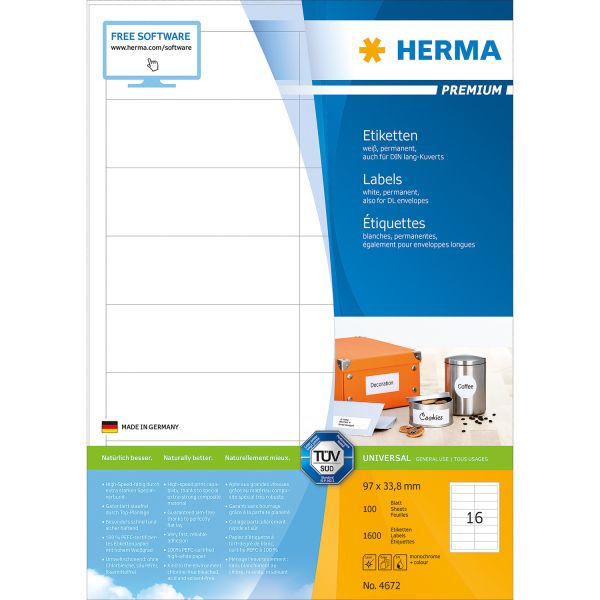 HERMA Etiketten Premium 96,5×33,8mm 4672 weiss 1600 Stück