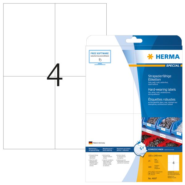 HERMA Spezialetiketten 105x148mm 4697 weiss, wetterfest 25Bl à 4 Et.