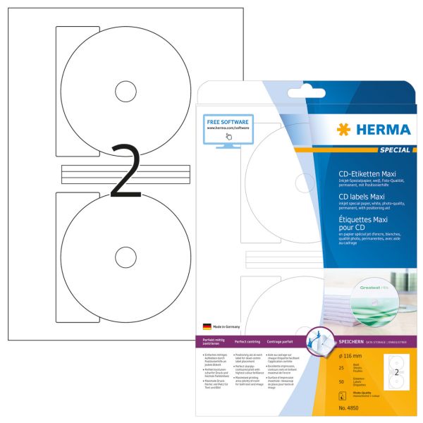 HERMA CD-Etiketten 4850 4850 Ø116mm 50Stk. 25 Blatt