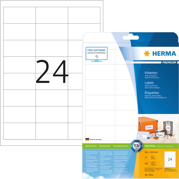 HERMA Universal-Etikett. 66,0x33,8mm 5053 weiss 600 St./25 Blatt