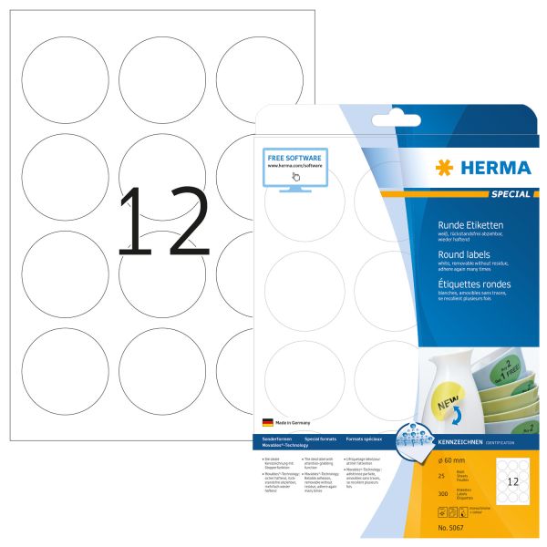 HERMA Rund-Etiketten 60mm 5067 weiss 300 St./25 Blatt