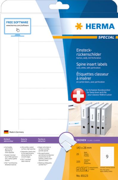 HERMA Einsteckrücken schmal 143x28mm 65123 weiss 225Stk/ 25Blatt