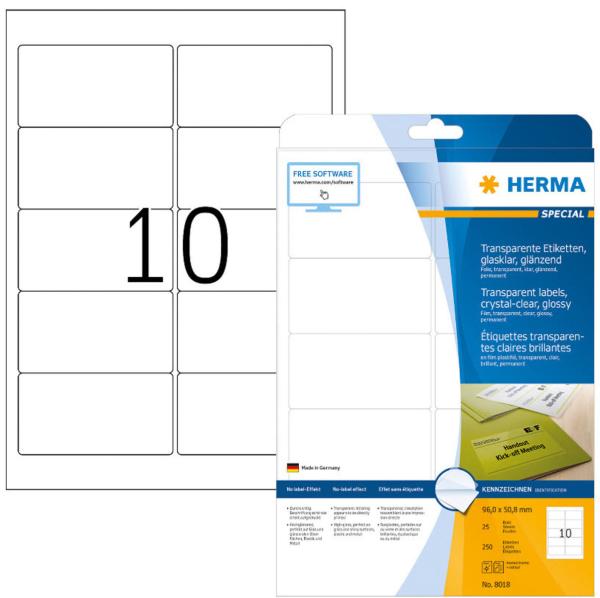 Herma folienetiketten 96x50,8mm 8018 transparent 250 st./25 blatt - Herma-8018-4008705080187