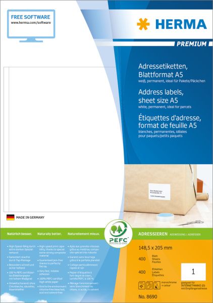 HERMA Etiketten PREMIUM 148.5x205mm 8690 weiss,perm. 400 St./400 Bl.