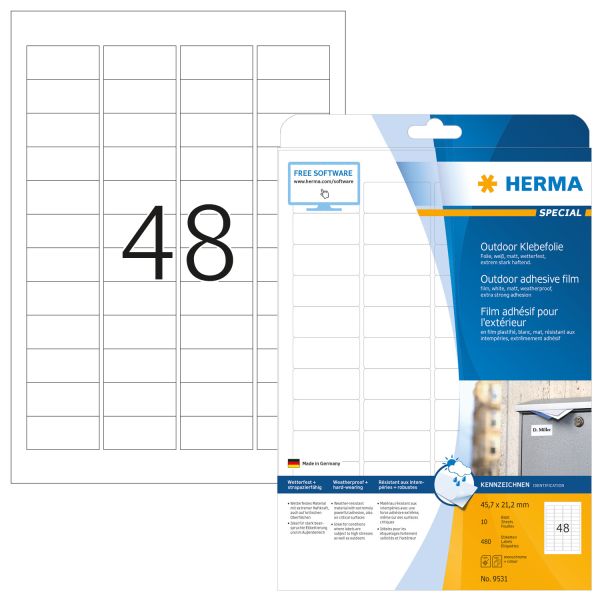 HERMA Outdoor Etikett.PP 45,7x21,2mm 9531 weiss 480 St./10 Blatt