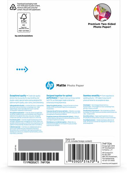 HP HP Matte Photo Paper 10x15cm 7HF70A InkJet, 180g 25 Blatt