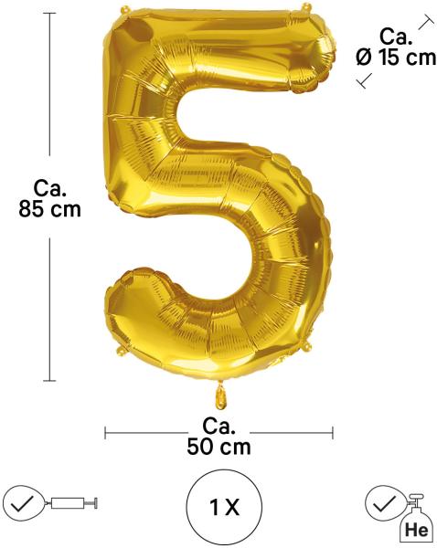 I AM CREATIVE Folienballon Zahl 5 85cm 1000-1050 gold