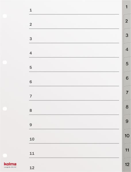 KOLMA Register Longlife A4 19.112.03 grau, 12-teilig