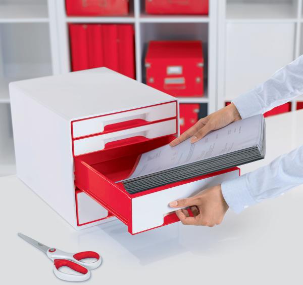 LEITZ Schubladenbox WOW Cube A4 5213-20-26 weiss/rot, 4 Schubladen