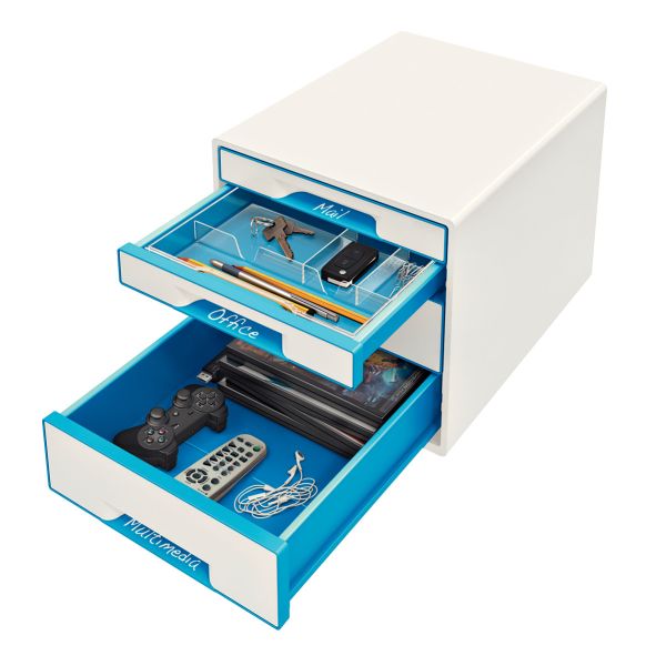 LEITZ Schubladenbox WOW Cube A4 52132036 weiss/blau, 4 Schubladen