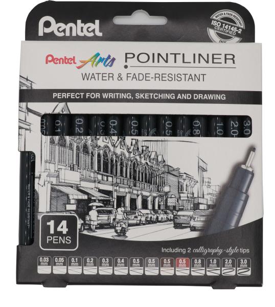 PENTEL Fineliner Pigment max. 3mm YS20P-14 POINTLINER, schwarz 14 Stück