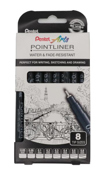 PENTEL Fineliner Pigment max. 0.8mm YS20P-8 POINTLINER, schwarz 8 Stück