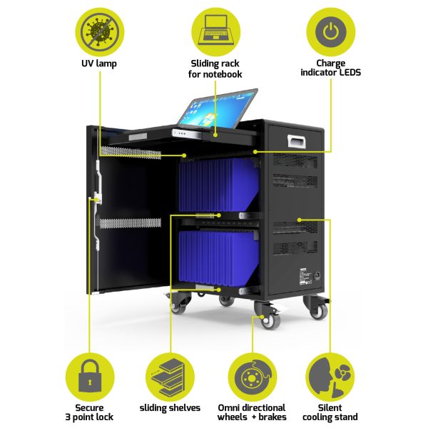 PORT Charging Cabinet 901958 20 Tablets+1 Notebook,Black