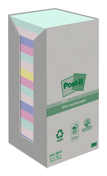 POST-IT Haftnotizen Recycling 76x76mm 654-1RPT-N 4-farbig, 16x100 Blatt