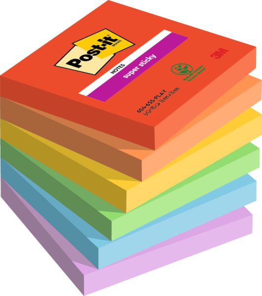 POST-IT Super Sticky Playful 76x76mm 654-6SS-PLAY 6-farbig ass./6x90 Blatt