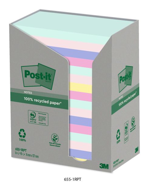 POST-IT Haftnotizen Recycling 127x76mm 655-1RPT 4-farbig, 16x100 Blatt