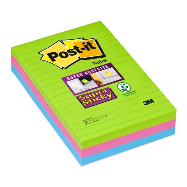 POST-IT Block Super Sticky 102x152mm 660-3SSUC 3-farbig ass.,3x90Bl.,liniert