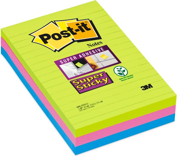 POST-IT Block Super Sticky 102x152mm 660-3SSUC 3-farbig ass.,3x90Bl.,liniert