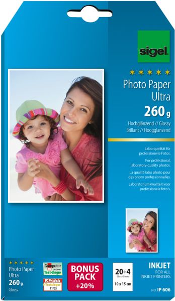 SIGEL InkJet Fotopapier 10x15cm IP606 260g,glossy, weiss 24 Blatt