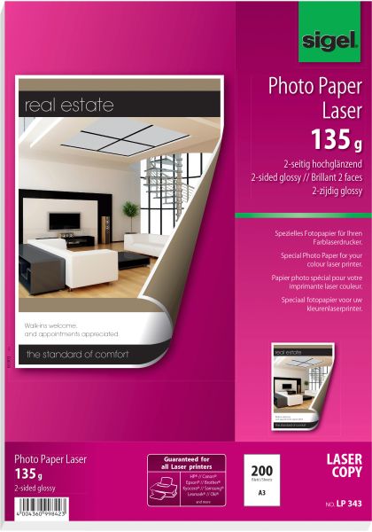 SIGEL Laser Photopapier A3 LP343 135g,glossy, weiss 200 Blatt