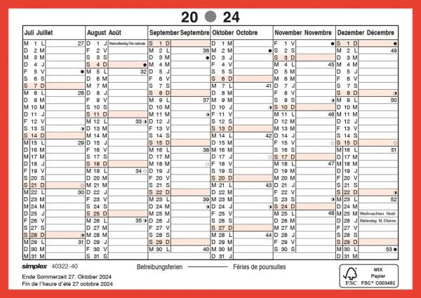 SIMPLEX Wandkalender 2024 4032240.24 A6,rot/weiss