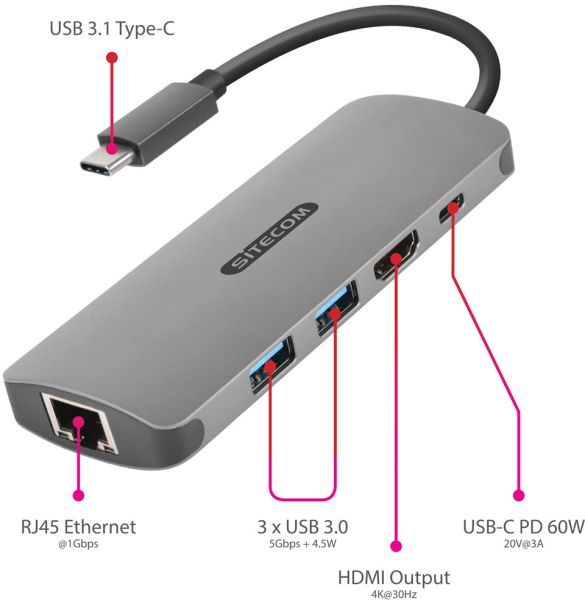 SITECOM USB-C to HDMI Adapter 1x GBLAN CN-379 2x USB-A, 4K USB-C PD