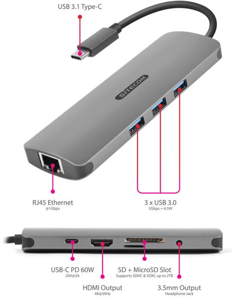 Sitecom usb-c multi-port hub hdmi,lan cn-382 3x usb-a, 4k, sd, msd usb-c pd - Sitecom-cn-382-8716502030576-06.jpg