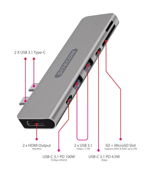 SITECOM USB-C MPA for Apple HDMI,USB-C CN-391 USB-A, SD, mSD USB-C PD 100w